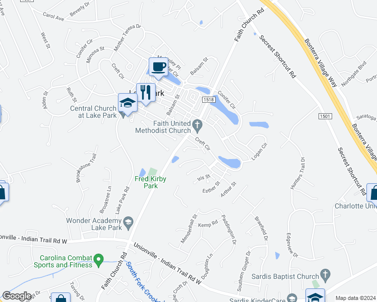 map of restaurants, bars, coffee shops, grocery stores, and more near 3610 Kristofer Drive in Indian Trail