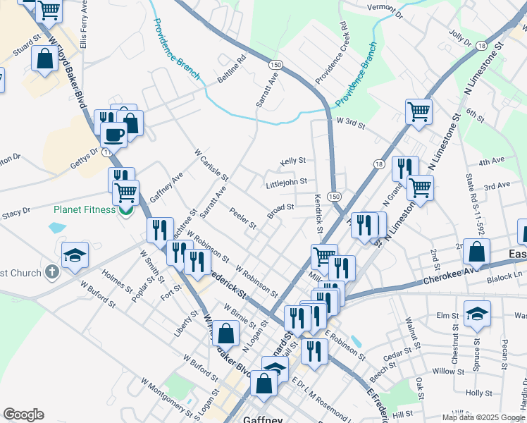 map of restaurants, bars, coffee shops, grocery stores, and more near 403 West Carlisle Street in Gaffney