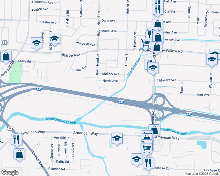 map of restaurants, bars, coffee shops, grocery stores, and more near 3734 Robin Park Circle in Memphis