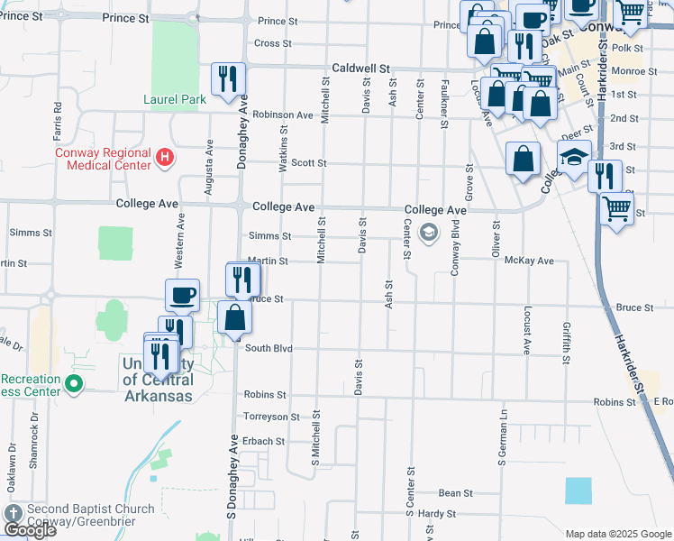 map of restaurants, bars, coffee shops, grocery stores, and more near 1811 Martin Street in Conway