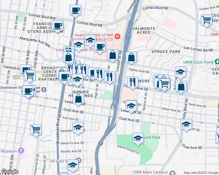 map of restaurants, bars, coffee shops, grocery stores, and more near 806 Central Avenue Southeast in Albuquerque