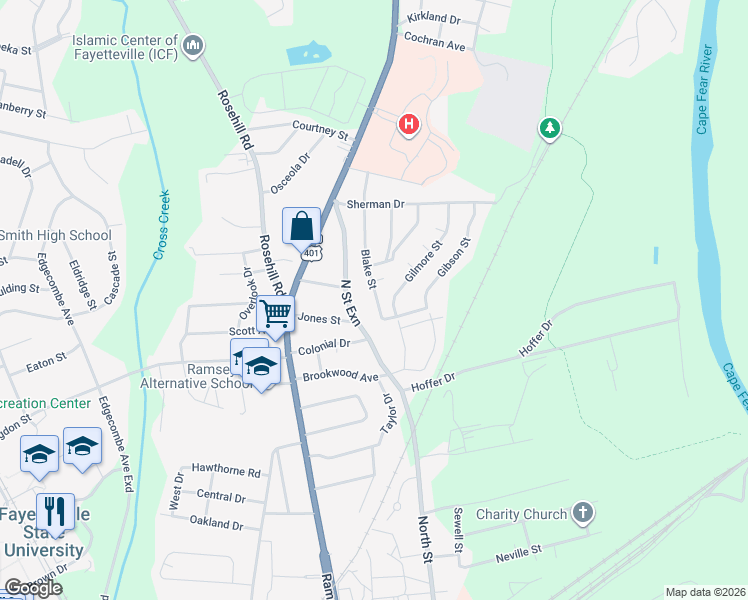 map of restaurants, bars, coffee shops, grocery stores, and more near 1804 North Street in Fayetteville