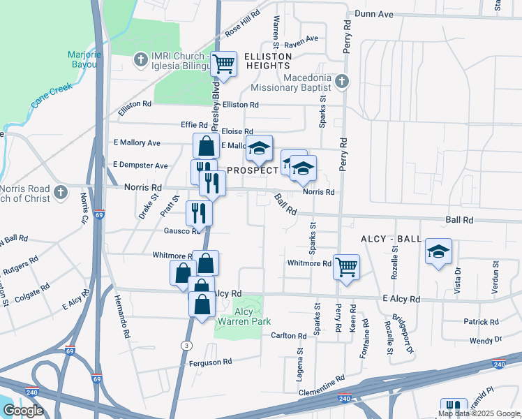 map of restaurants, bars, coffee shops, grocery stores, and more near 2311 East Warren Street in Memphis