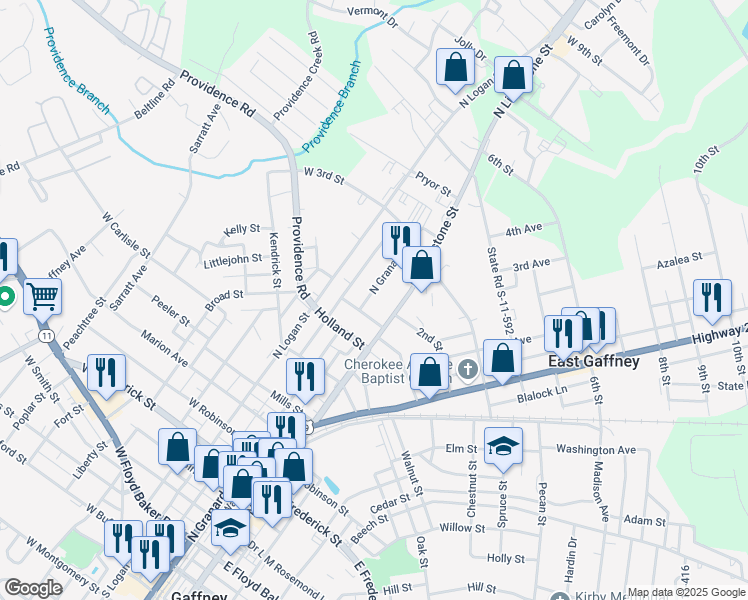 map of restaurants, bars, coffee shops, grocery stores, and more near 1215 North Limestone Street in Gaffney