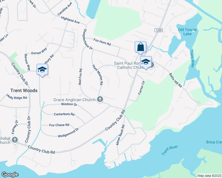 map of restaurants, bars, coffee shops, grocery stores, and more near 3317 Hedgerow Road in Trent Woods