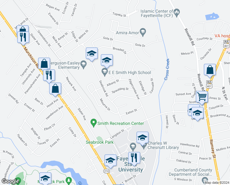 map of restaurants, bars, coffee shops, grocery stores, and more near 527 Spaulding Street in Fayetteville
