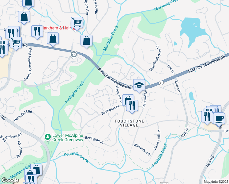 map of restaurants, bars, coffee shops, grocery stores, and more near 6600 Fishers Farm Lane in Charlotte