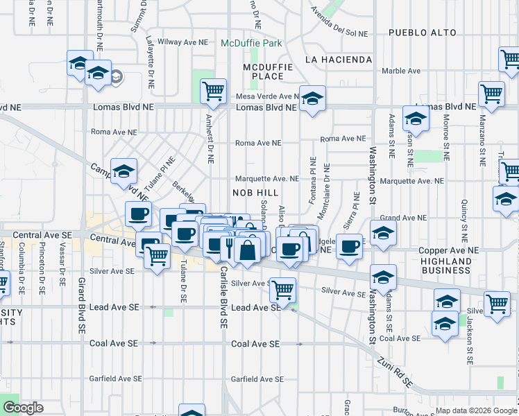 map of restaurants, bars, coffee shops, grocery stores, and more near 305 Solano Drive Northeast in Albuquerque