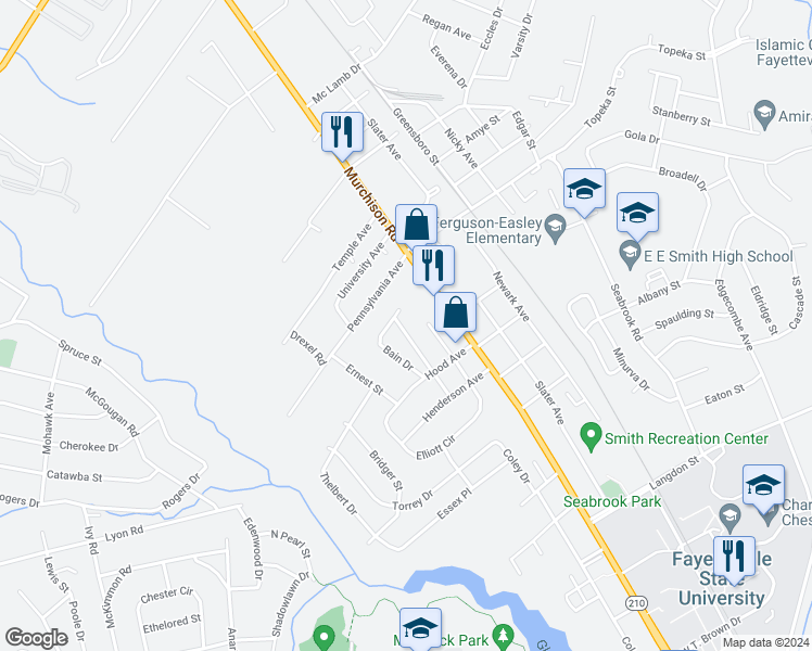 map of restaurants, bars, coffee shops, grocery stores, and more near 1928 Armstrong Street in Fayetteville