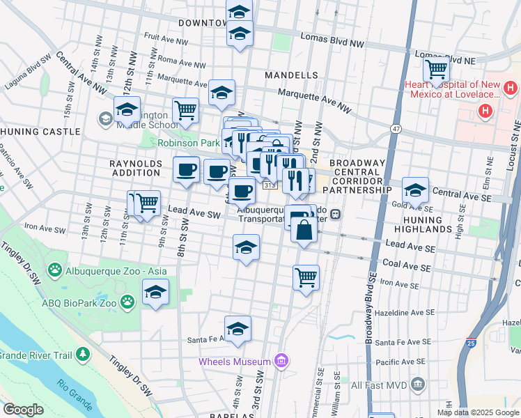map of restaurants, bars, coffee shops, grocery stores, and more near 414 Lead Avenue Southwest in Albuquerque