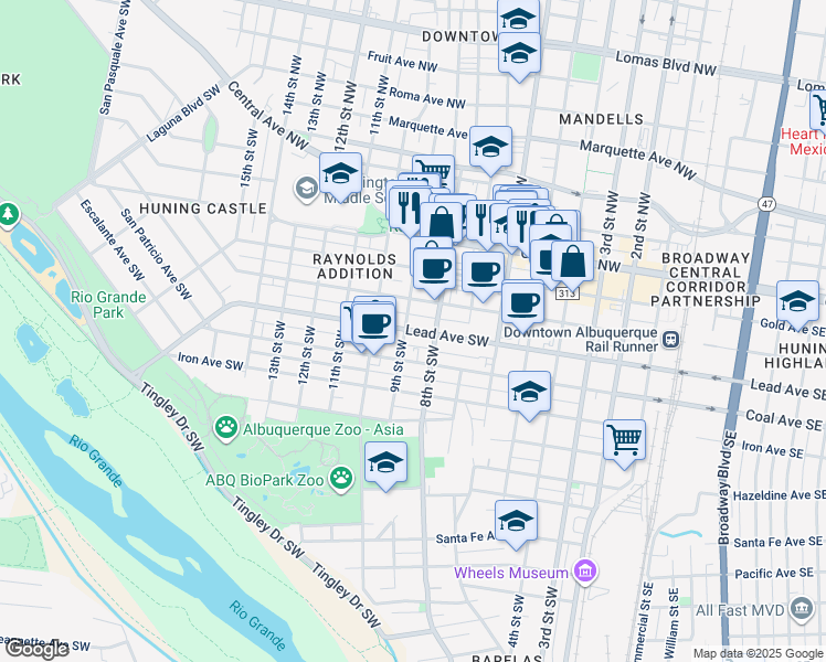 map of restaurants, bars, coffee shops, grocery stores, and more near 808 Lead Avenue Southwest in Albuquerque