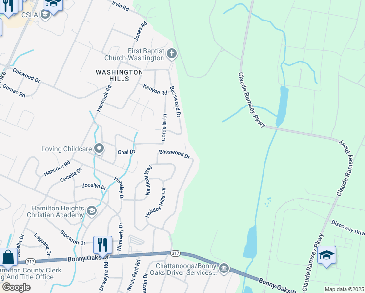map of restaurants, bars, coffee shops, grocery stores, and more near 6409 Basswood Lane in Chattanooga