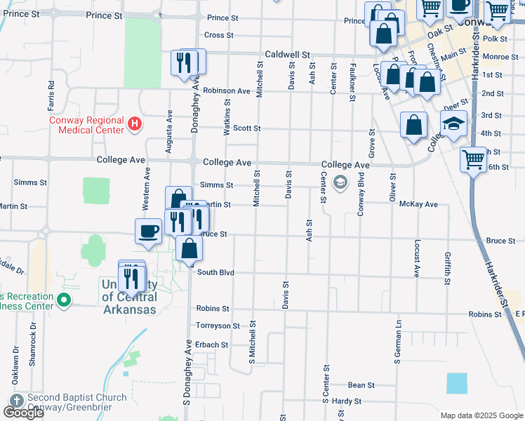 map of restaurants, bars, coffee shops, grocery stores, and more near 1811 Martin Street in Conway