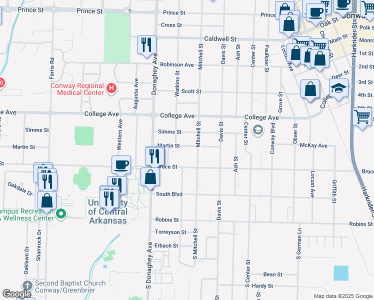 map of restaurants, bars, coffee shops, grocery stores, and more near 1919 Martin Street in Conway