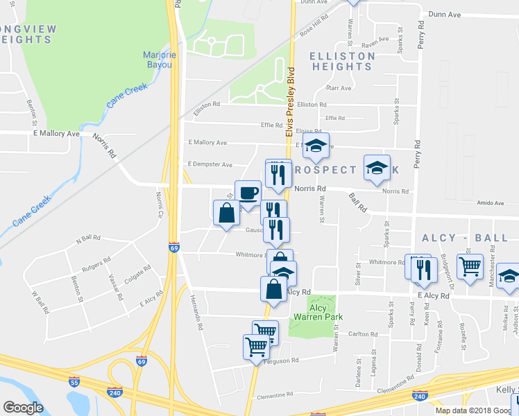 map of restaurants, bars, coffee shops, grocery stores, and more near 2305 Amherst Street in Memphis