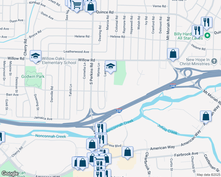 map of restaurants, bars, coffee shops, grocery stores, and more near 1770 Lanier Lane in Memphis