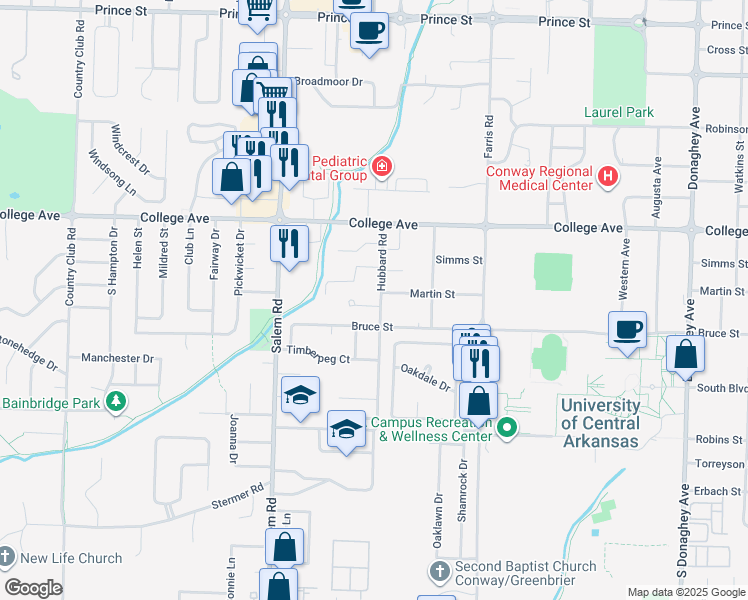 map of restaurants, bars, coffee shops, grocery stores, and more near 315 Hubbard Road in Conway