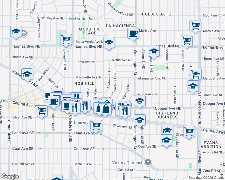 map of restaurants, bars, coffee shops, grocery stores, and more near 308 Fontana Place Northeast in Albuquerque