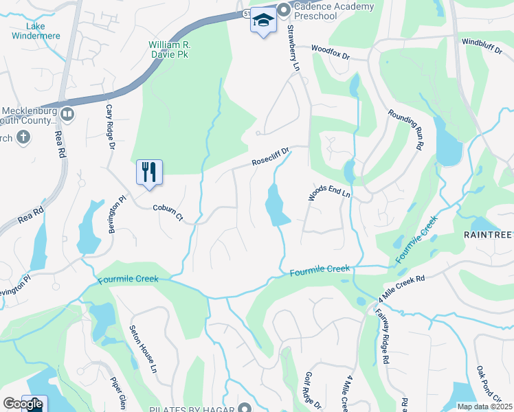map of restaurants, bars, coffee shops, grocery stores, and more near 4331 Rosecliff Drive in Charlotte