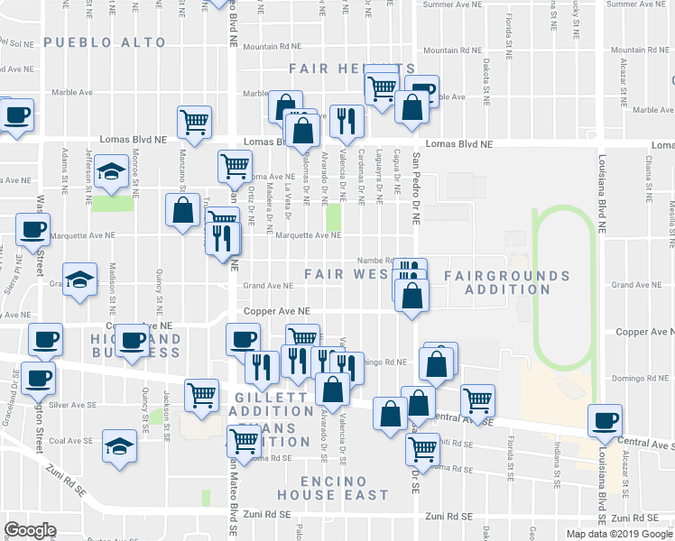 map of restaurants, bars, coffee shops, grocery stores, and more near 513 Valencia Drive Northeast in Albuquerque
