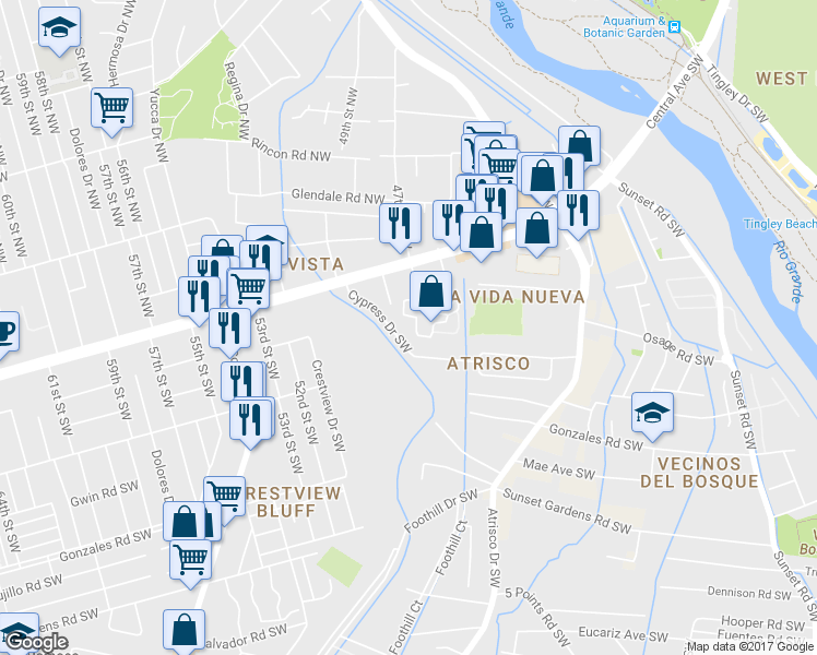map of restaurants, bars, coffee shops, grocery stores, and more near 221 La Vida Nueva Del Oeste in Albuquerque