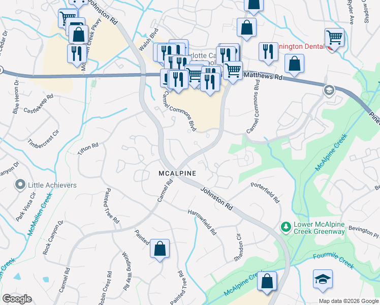 map of restaurants, bars, coffee shops, grocery stores, and more near 11127 Sevilla Court in Charlotte