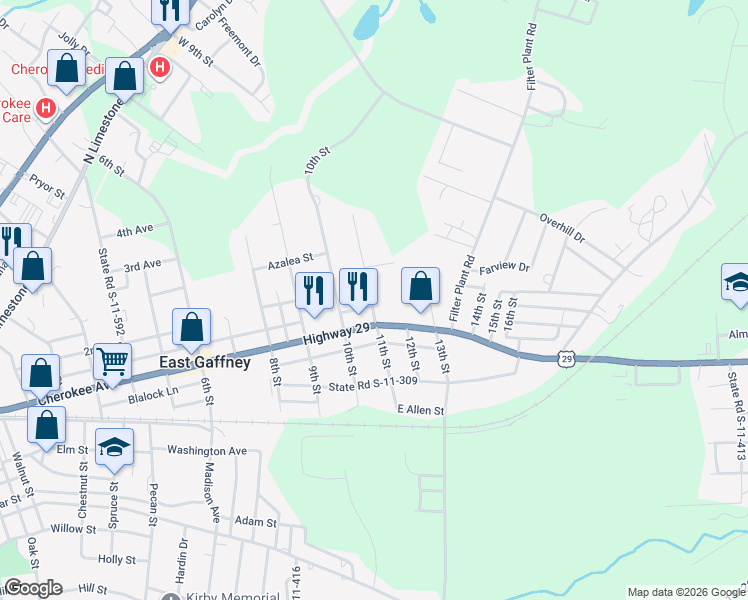 map of restaurants, bars, coffee shops, grocery stores, and more near 602 11th Street in Gaffney