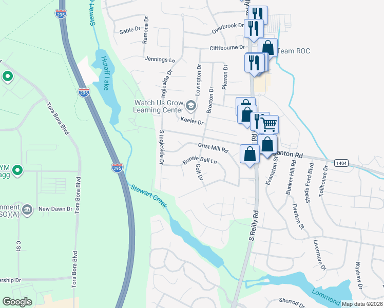 map of restaurants, bars, coffee shops, grocery stores, and more near 6603 Bonnie Bell Lane in Fayetteville