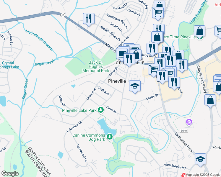 map of restaurants, bars, coffee shops, grocery stores, and more near 410 Park Avenue in Pineville