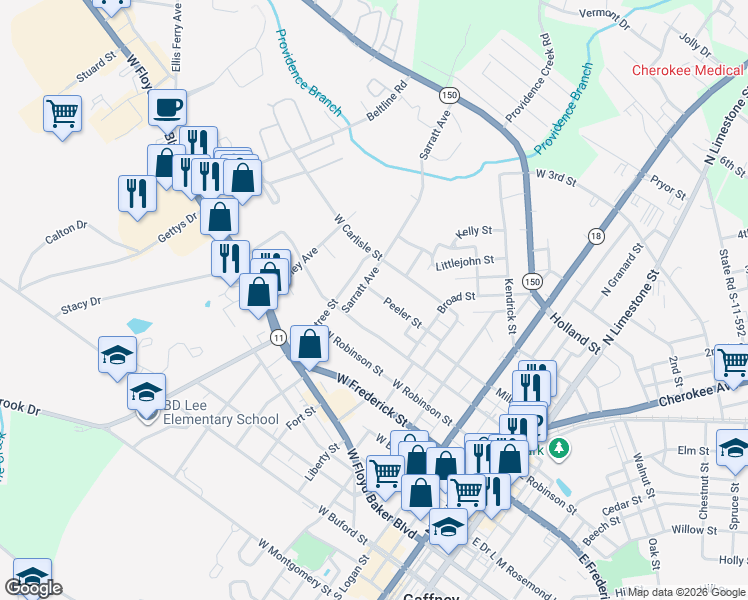 map of restaurants, bars, coffee shops, grocery stores, and more near 419 Peeler Street in Gaffney