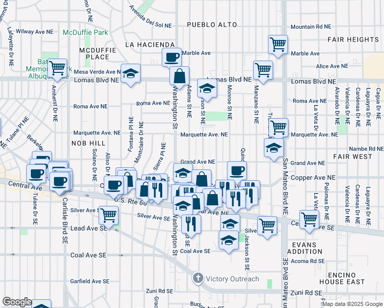 map of restaurants, bars, coffee shops, grocery stores, and more near 312 Adams Street Northeast in Albuquerque
