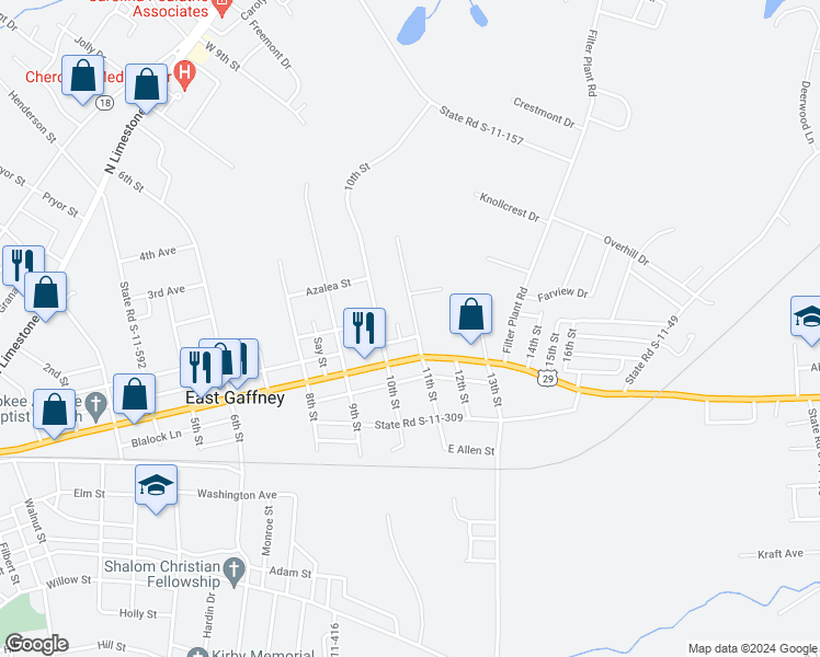 map of restaurants, bars, coffee shops, grocery stores, and more near 602 11th Street in Gaffney
