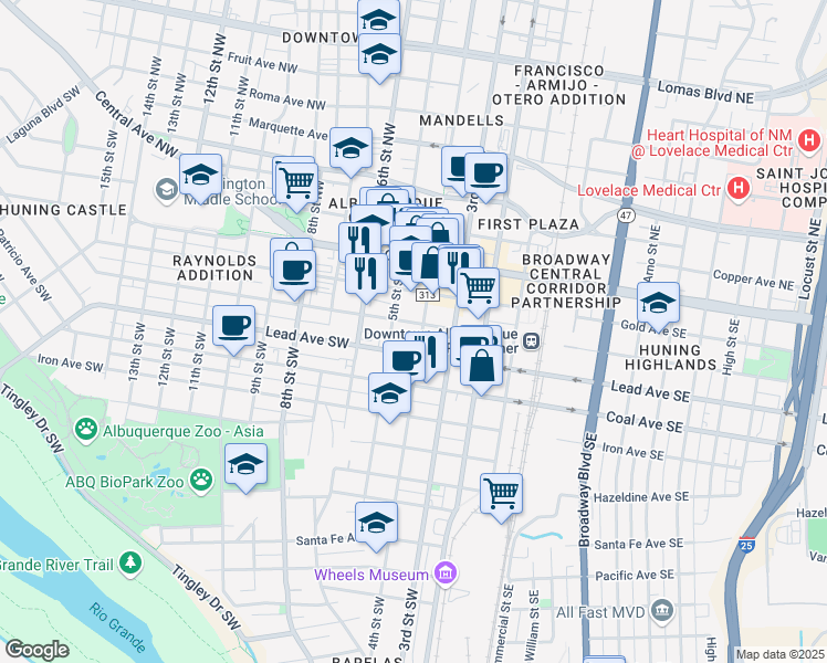 map of restaurants, bars, coffee shops, grocery stores, and more near 415 Silver Avenue Southwest in Albuquerque