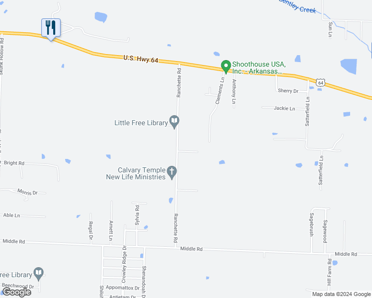 map of restaurants, bars, coffee shops, grocery stores, and more near 7 O'Dell Drive in Conway