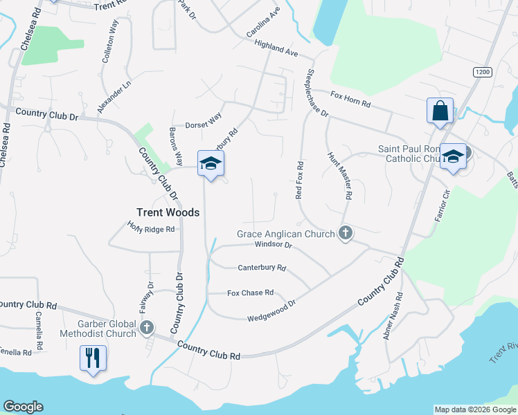 map of restaurants, bars, coffee shops, grocery stores, and more near 3424 Stratford Road in Trent Woods