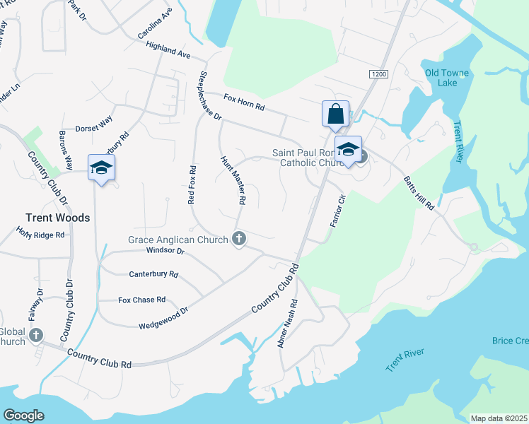 map of restaurants, bars, coffee shops, grocery stores, and more near 3317 Hedgerow Road in Trent Woods