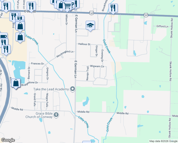 map of restaurants, bars, coffee shops, grocery stores, and more near 357 Choctaw Trail in Conway