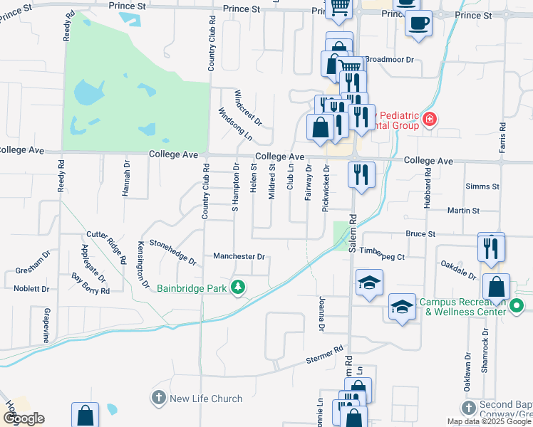 map of restaurants, bars, coffee shops, grocery stores, and more near 304 Mildred Street in Conway