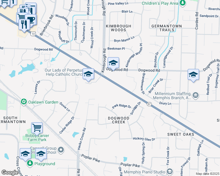 map of restaurants, bars, coffee shops, grocery stores, and more near 8199 Poplar Avenue in Germantown