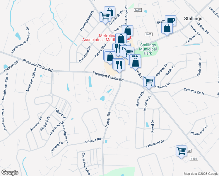 map of restaurants, bars, coffee shops, grocery stores, and more near 4724 Potter Road in Matthews