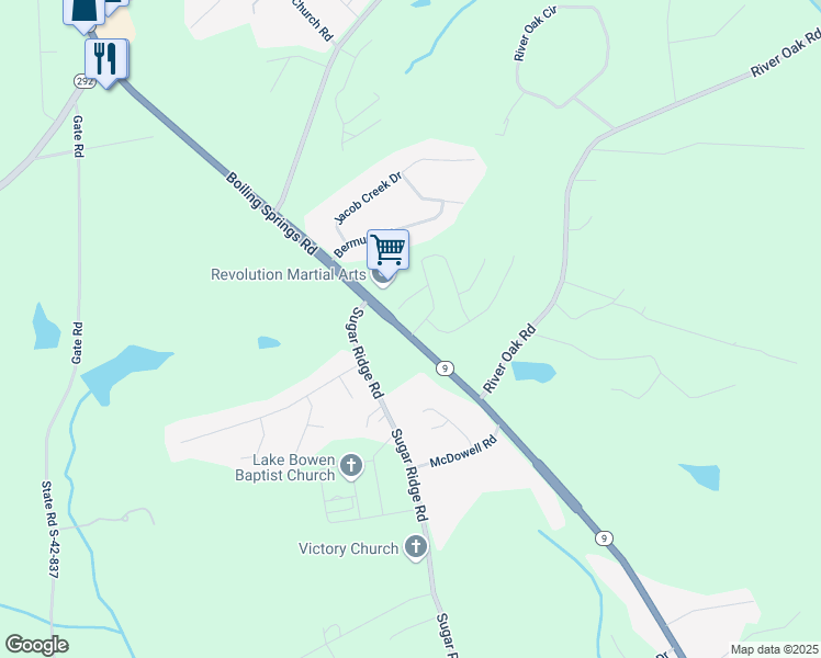 map of restaurants, bars, coffee shops, grocery stores, and more near 250 Sugar Ridge Road in Inman