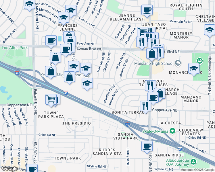 map of restaurants, bars, coffee shops, grocery stores, and more near 11540 Angelina Place Northeast in Albuquerque