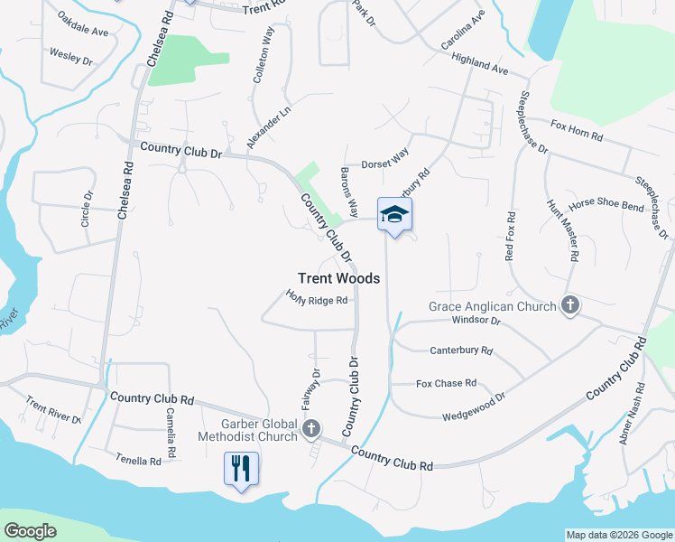 map of restaurants, bars, coffee shops, grocery stores, and more near in Trent Woods