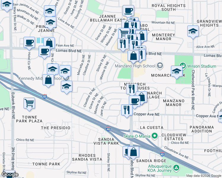 map of restaurants, bars, coffee shops, grocery stores, and more near 11621 Grand Avenue Northeast in Albuquerque