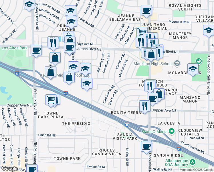 map of restaurants, bars, coffee shops, grocery stores, and more near 11540 Angelina Place Northeast in Albuquerque