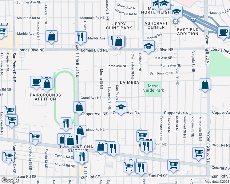 map of restaurants, bars, coffee shops, grocery stores, and more near 500 San Pablo Street Northeast in Albuquerque