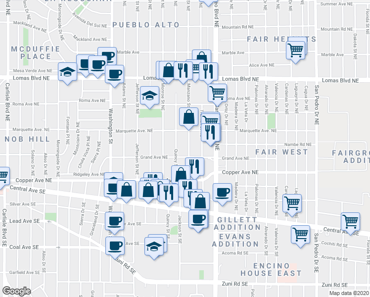 map of restaurants, bars, coffee shops, grocery stores, and more near 304 Manzano Street Northeast in Albuquerque