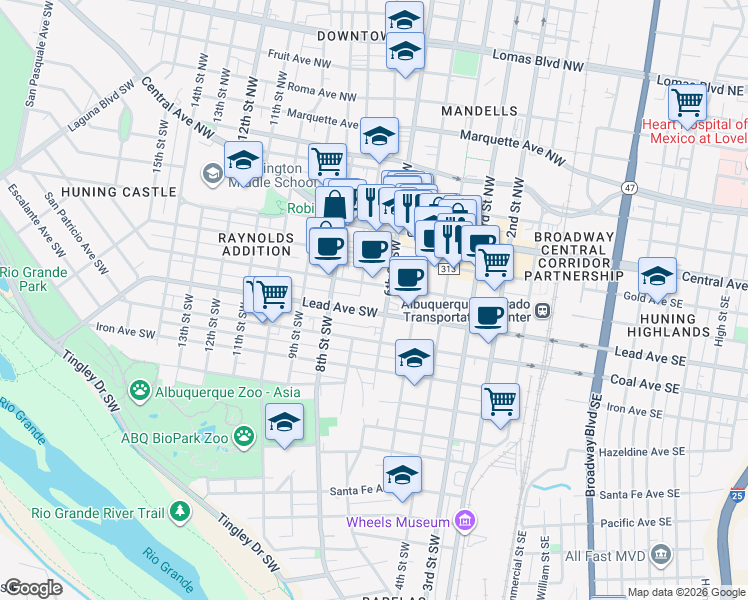 map of restaurants, bars, coffee shops, grocery stores, and more near 318 6th Street Northwest in Albuquerque