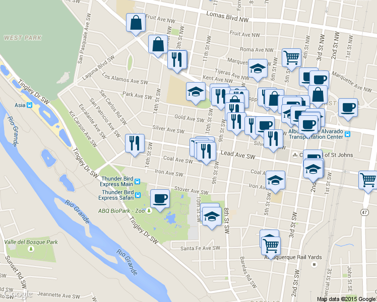 map of restaurants, bars, coffee shops, grocery stores, and more near 1021 Coal Avenue Southwest in Albuquerque