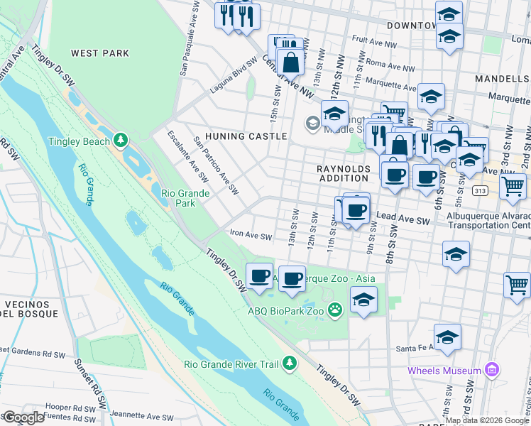 map of restaurants, bars, coffee shops, grocery stores, and more near 13 Broadcast Plaza Southwest in Albuquerque
